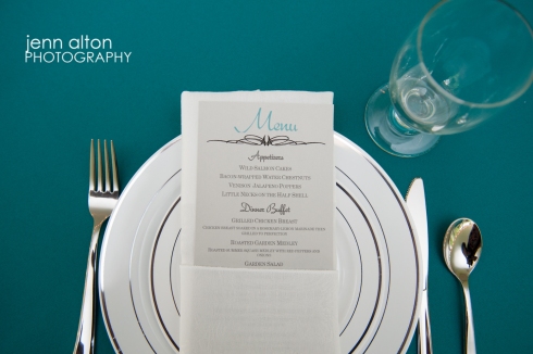 Menu card in teal/aqua theme with plate setting for Cape Cod Wedding