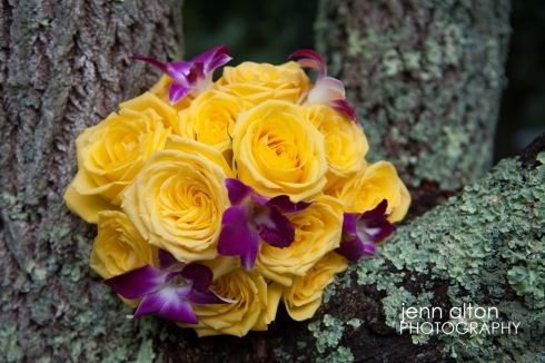 Yellow roses and purple orchids bridal bouquet, cape cod wedding