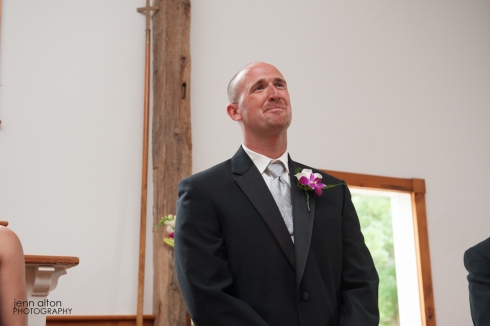 Groom awaiting bride's entry to the wedding ceremony, Mashpee Old Indian Meeting House
