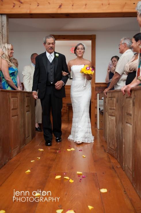 Bride being walked down the aisle by her Father, entry to the wedding ceremony, Mashpee Old Indian Meeting House