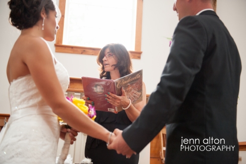 Cinderella story book during ceremony of Cape Cod Wedding, Mashpee Old Indian Meeting House