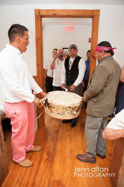 Drum playing during exit procession of Cape Cod Wedding, at Mashpee Old Indian Meeting House