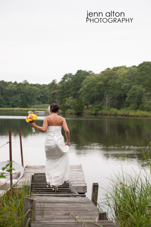 Bride on dock with bouquet, Cape Cod Wedding