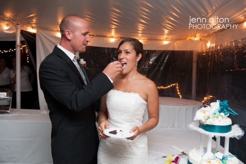 Cake Cutting, bride and groom, backyard reception, Cape Cod
