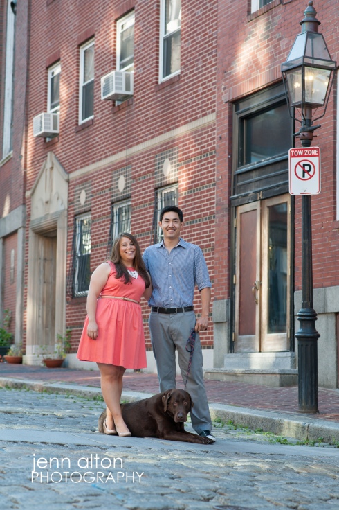 Engagement couple and dog in North End, Boston