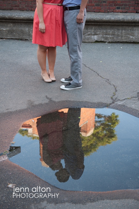 Engagement couple puddle reflection, North End, Boston