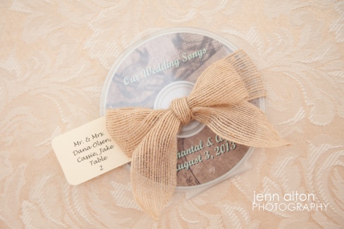 Personalized CD of songs for Wedding favors, burlap bow, Pinehills Golf Club Wedding Reception