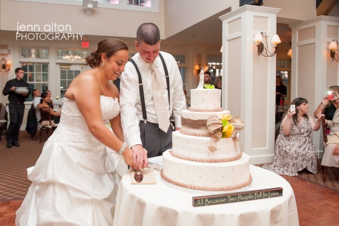 Bride and groom cake cutting, Pinehills Golf Club Wedding Reception