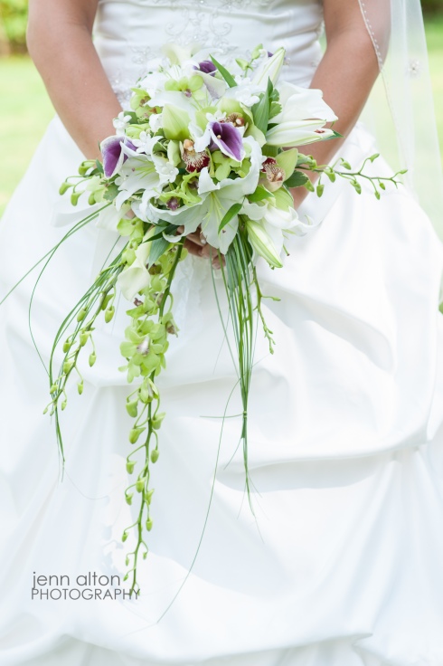 Cascading Bridal Bouquet, purple, white and green