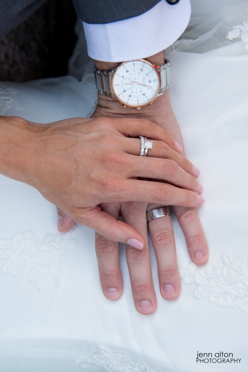 Bride and Groom hands with wedding bands
